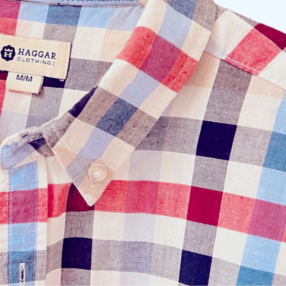 Haggar Clothing | Polo Shirt | Medium | Plaid Pattern Blue-Black-Tan-Red | $18 - Picture 6 of 8
